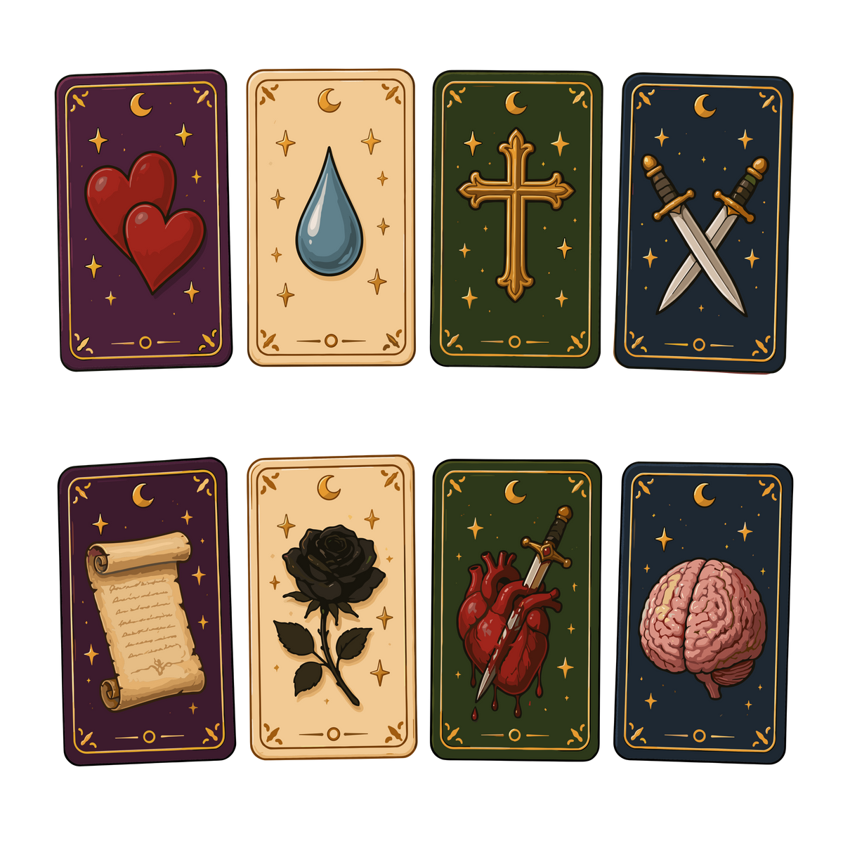 Dark gothic tarot cards with occult symbols and mystical clipart set