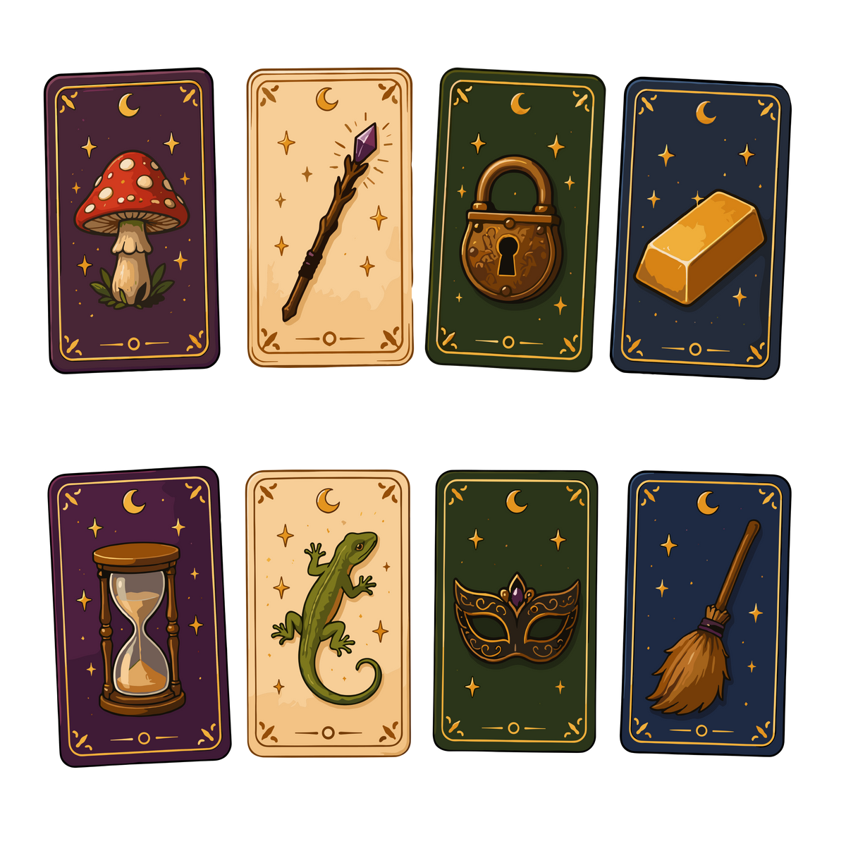 Mystical tarot cards with witchy symbols and magical objects clipart set