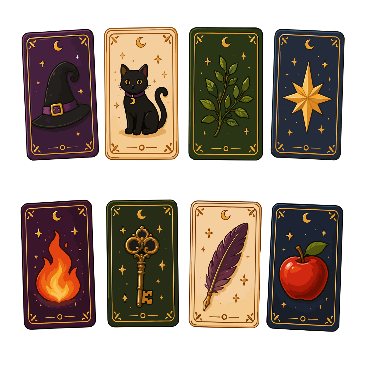 Mystical tarot cards with witchy symbols and magical objects clipart set