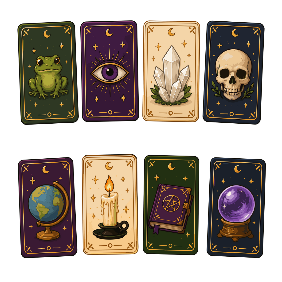 Mystical tarot cards with witchy symbols and magical objects clipart set