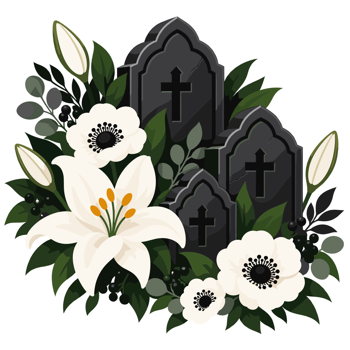 All Saints Day memorial flowers and gravestones gothic cemetery clipart