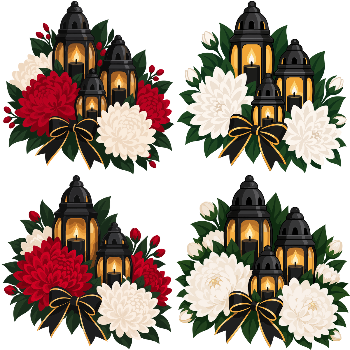 Memorial lantern flower arrangements with chrysanthemums and mourning bows clipart