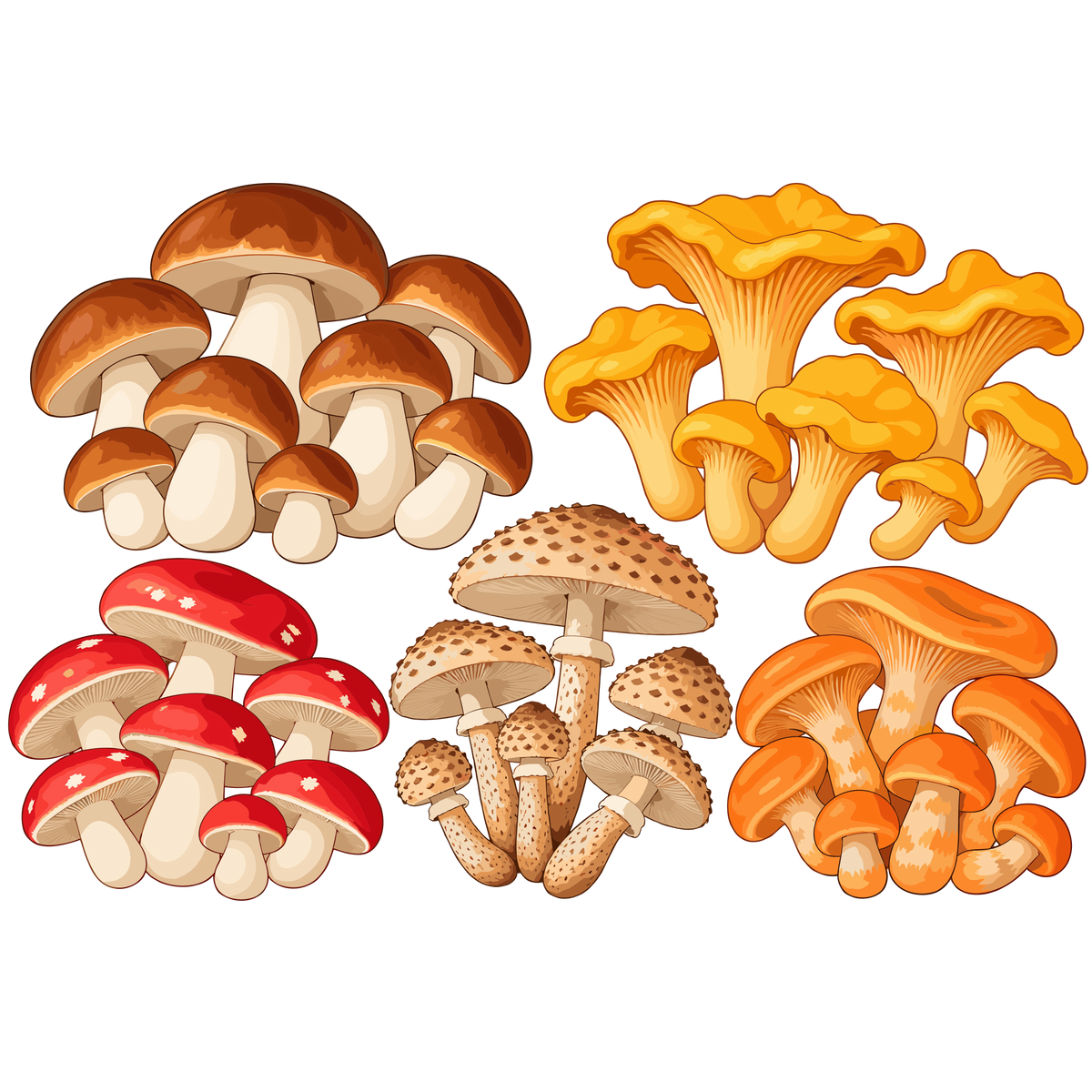 Autumn mushroom clipart collection with porcini chanterelle red and orange woodland mushrooms