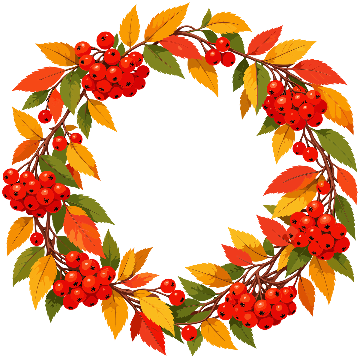 Autumn rowan berry wreath with colorful fall leaves botanical frame clipart