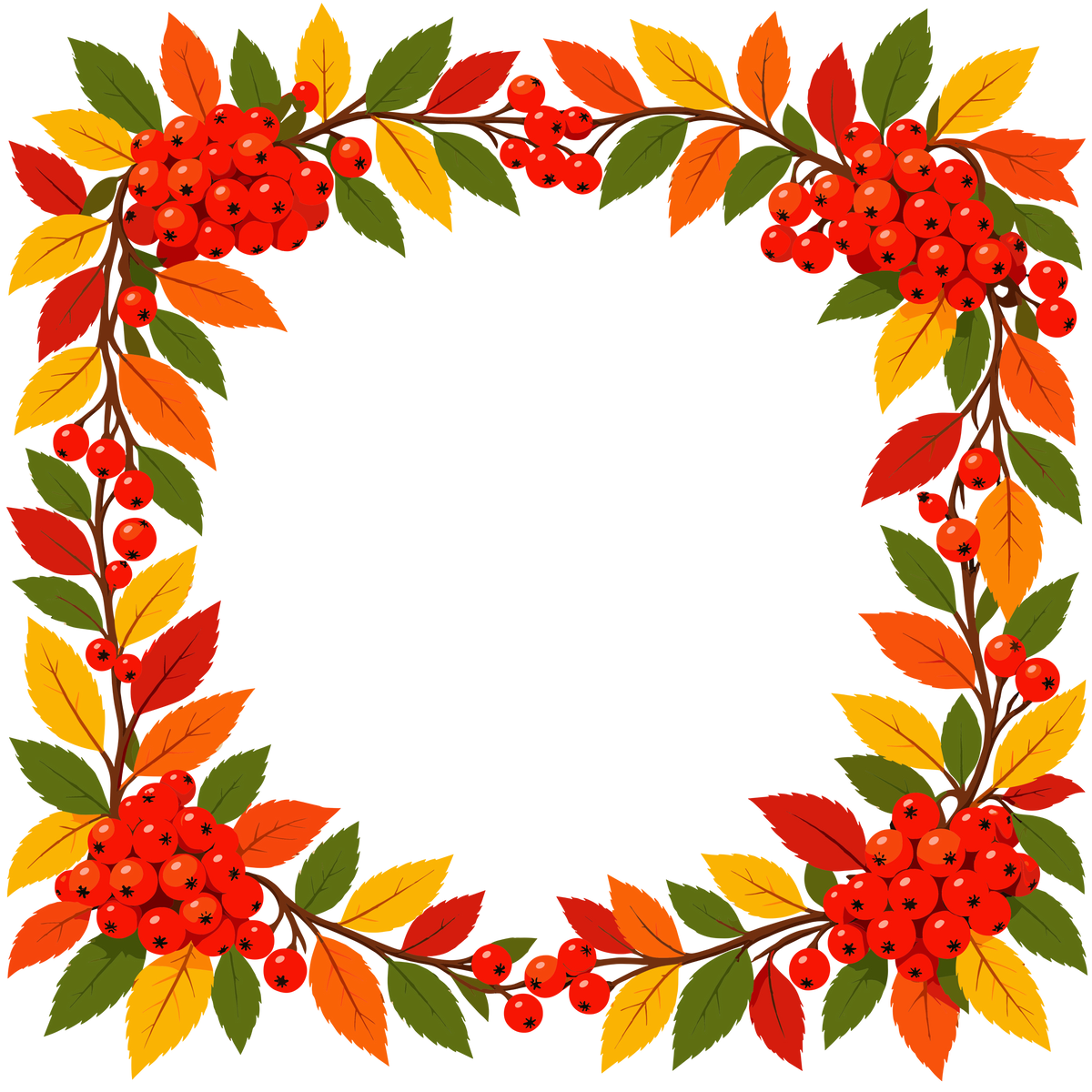 Autumn rowan berry wreath with colorful fall leaves