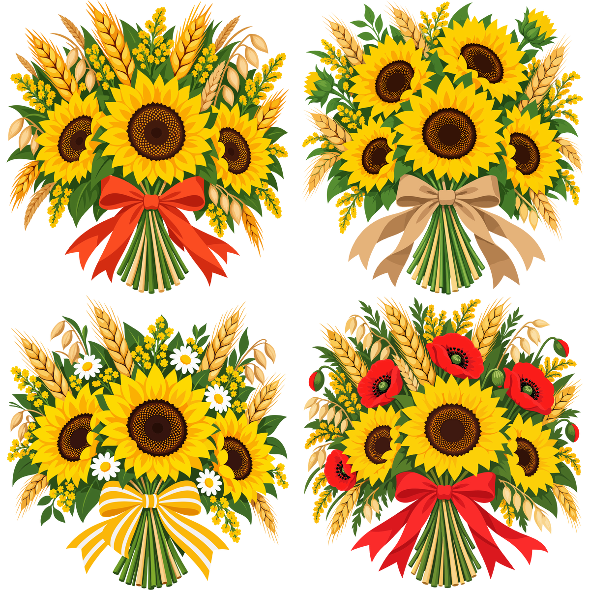 Sunflower and wheat bouquet collection with autumn flowers