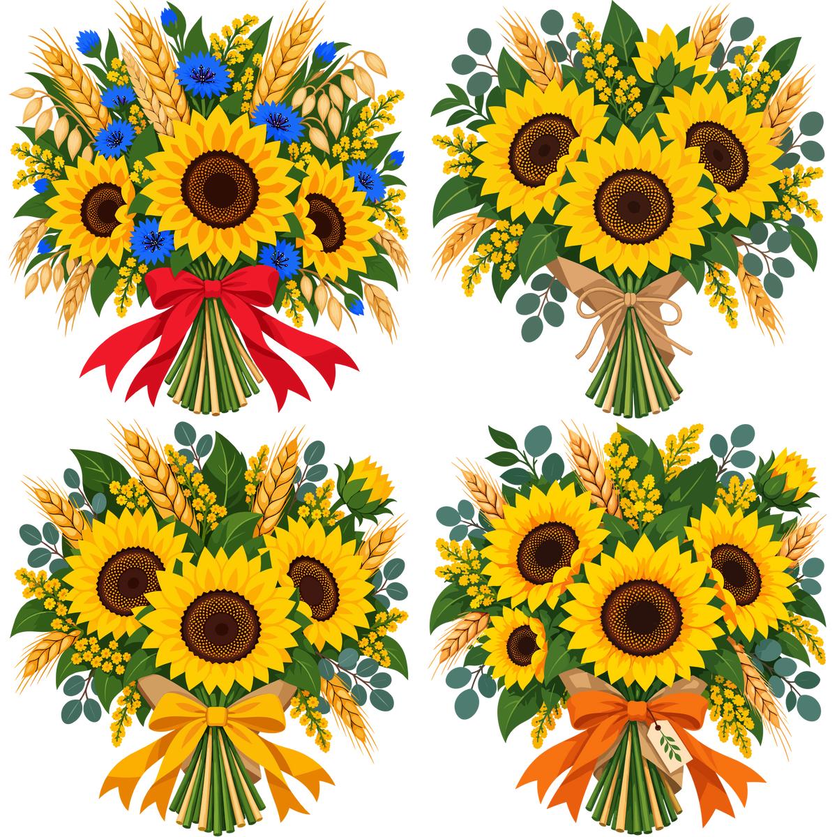 Sunflower harvest bouquet collection with wheat and cornflowers