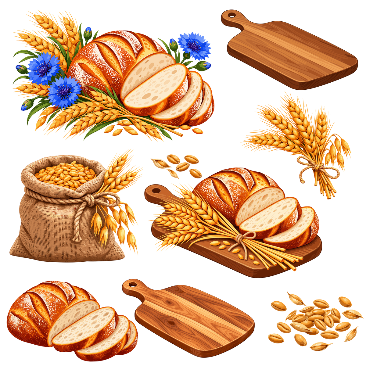 Rustic bread and wheat harvest collection with cutting boards and grain