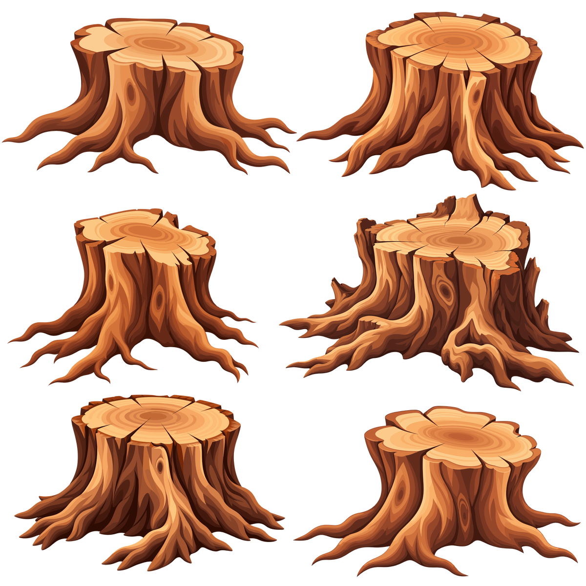 Rustic tree stump set with exposed roots for autumn forest and woodland designs