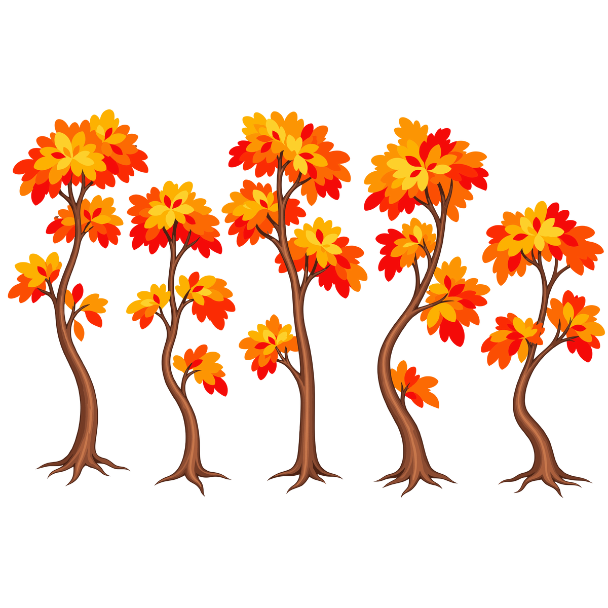 Autumn tree set with colorful orange and red foliage for fall woodland and seasonal designs