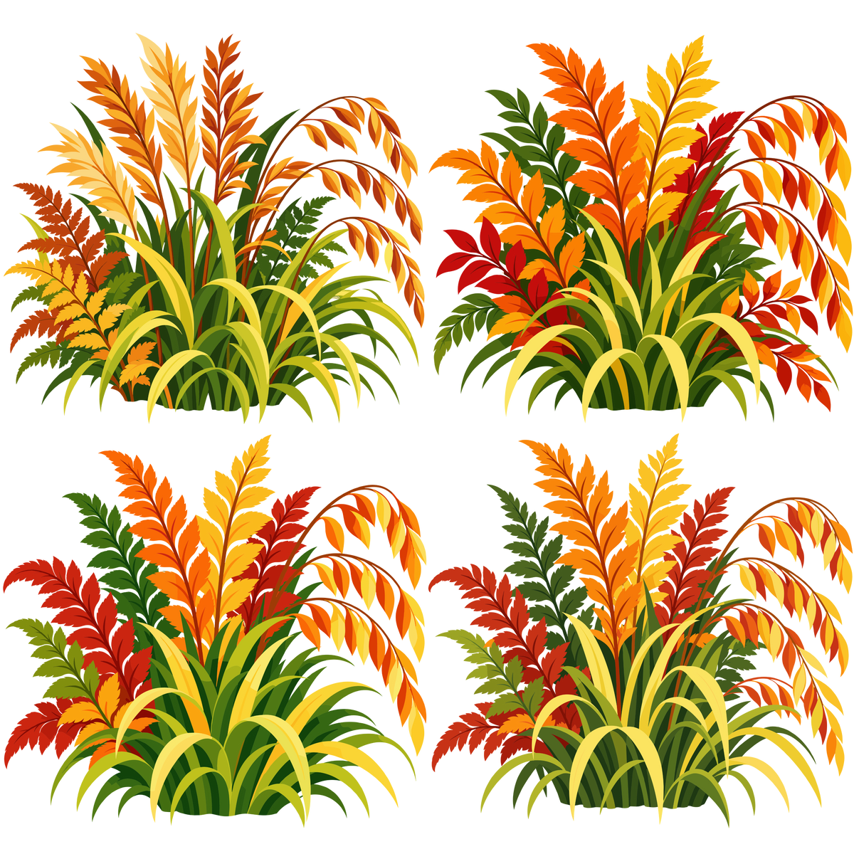 Autumn grass and foliage set with colorful leaves and ornamental grasses for seasonal designs