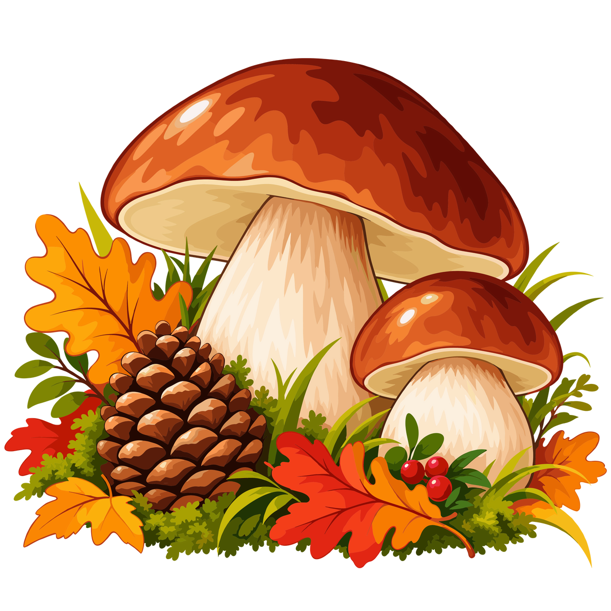 Autumn mushroom woodland clipart set with pine cone leaves berries and forest foliage