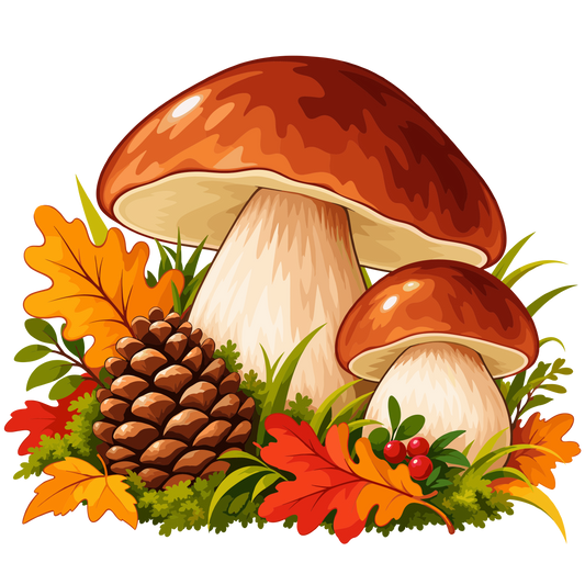 Autumn mushroom woodland clipart set with pine cone leaves berries and forest foliage