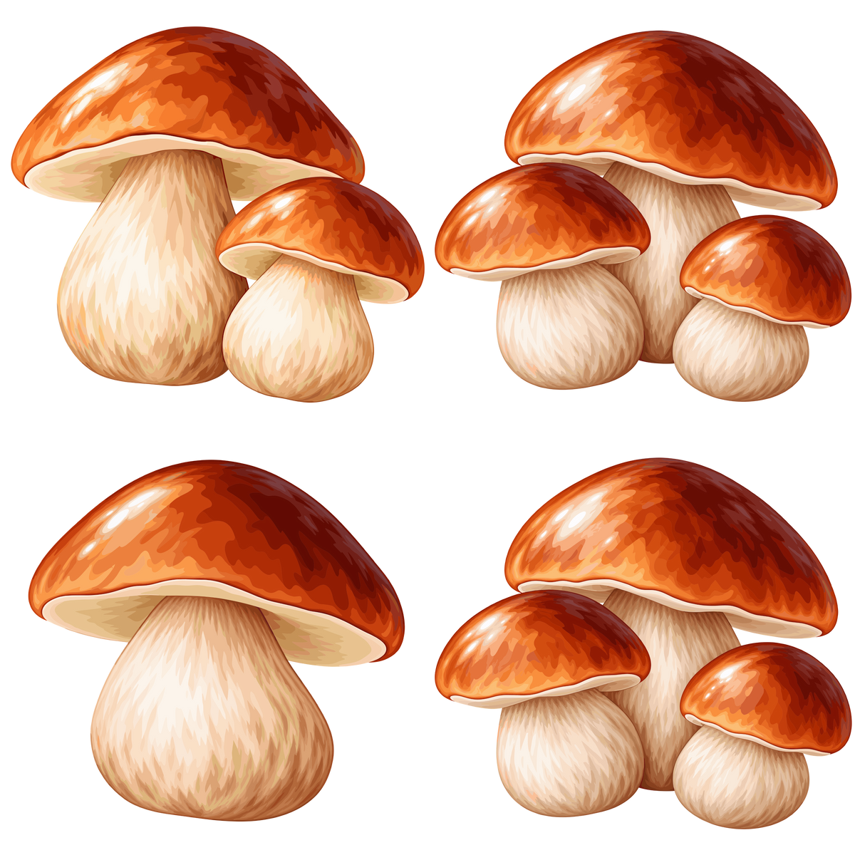 Autumn porcini mushroom clipart set with woodland forest mushrooms in different arrangements