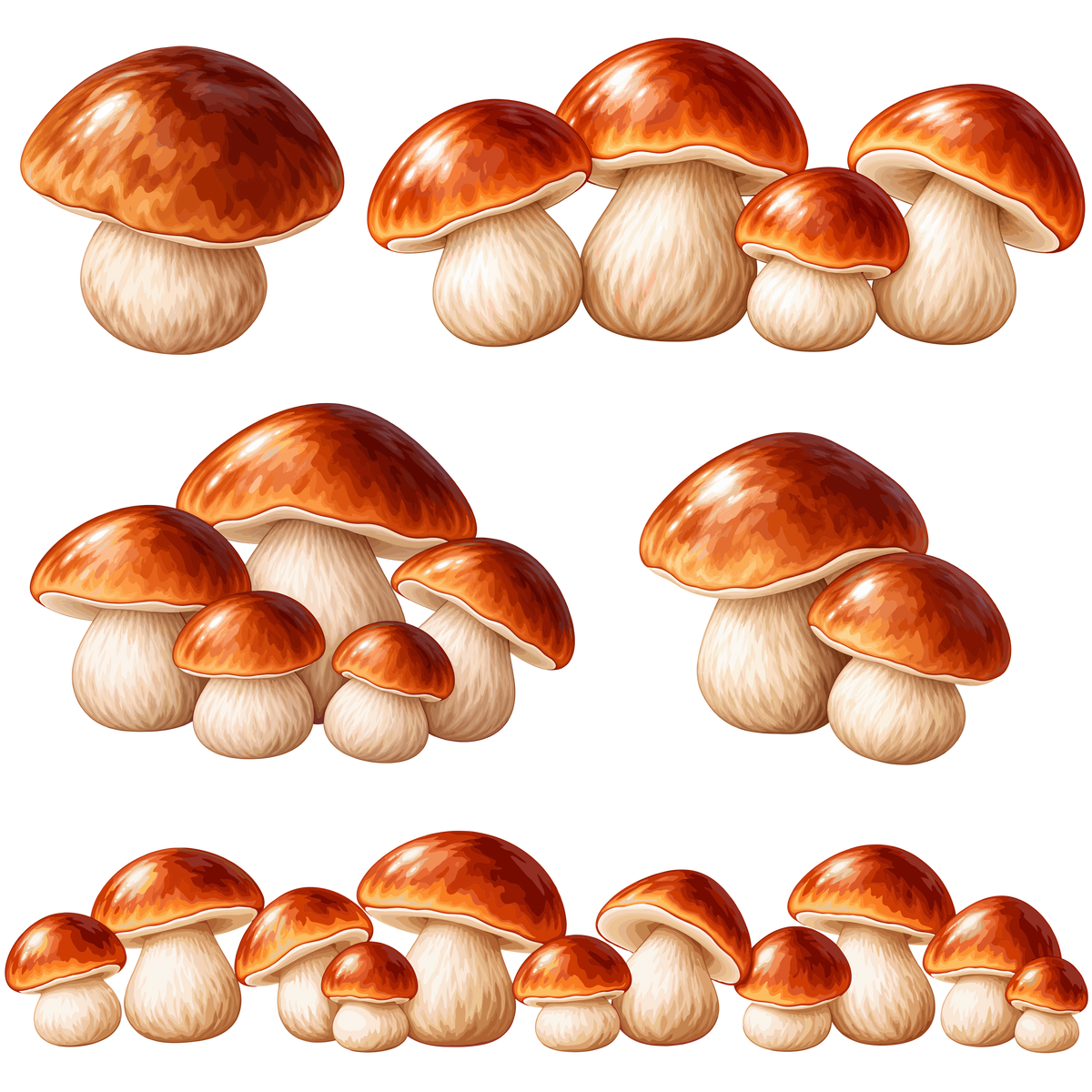 Autumn porcini mushroom collection with individual mushrooms and woodland mushroom groups