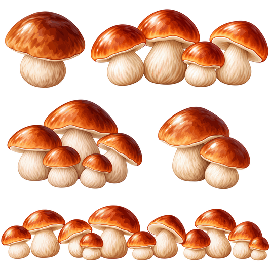 Autumn porcini mushroom collection with individual mushrooms and woodland mushroom groups