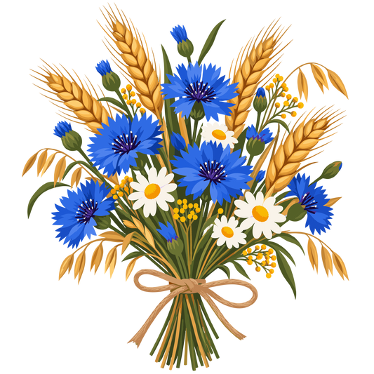 Rustic wheat and blue cornflower bouquet set of 3 with white daisies