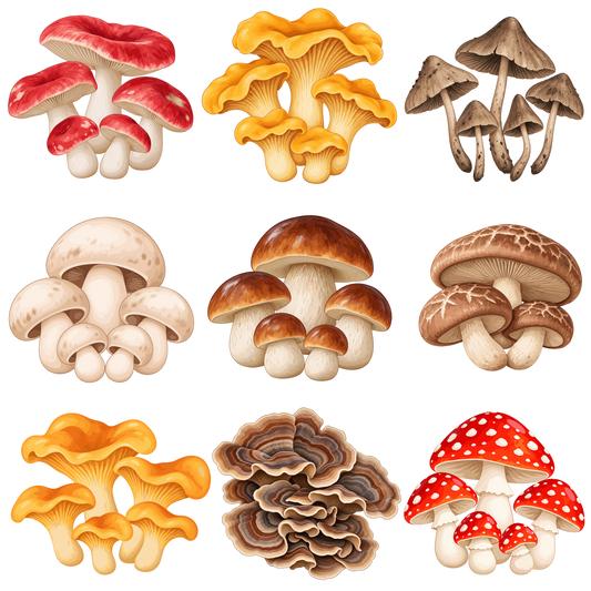 Decorative mushroom set of 9 with colorful forest fungi and woodland mushrooms