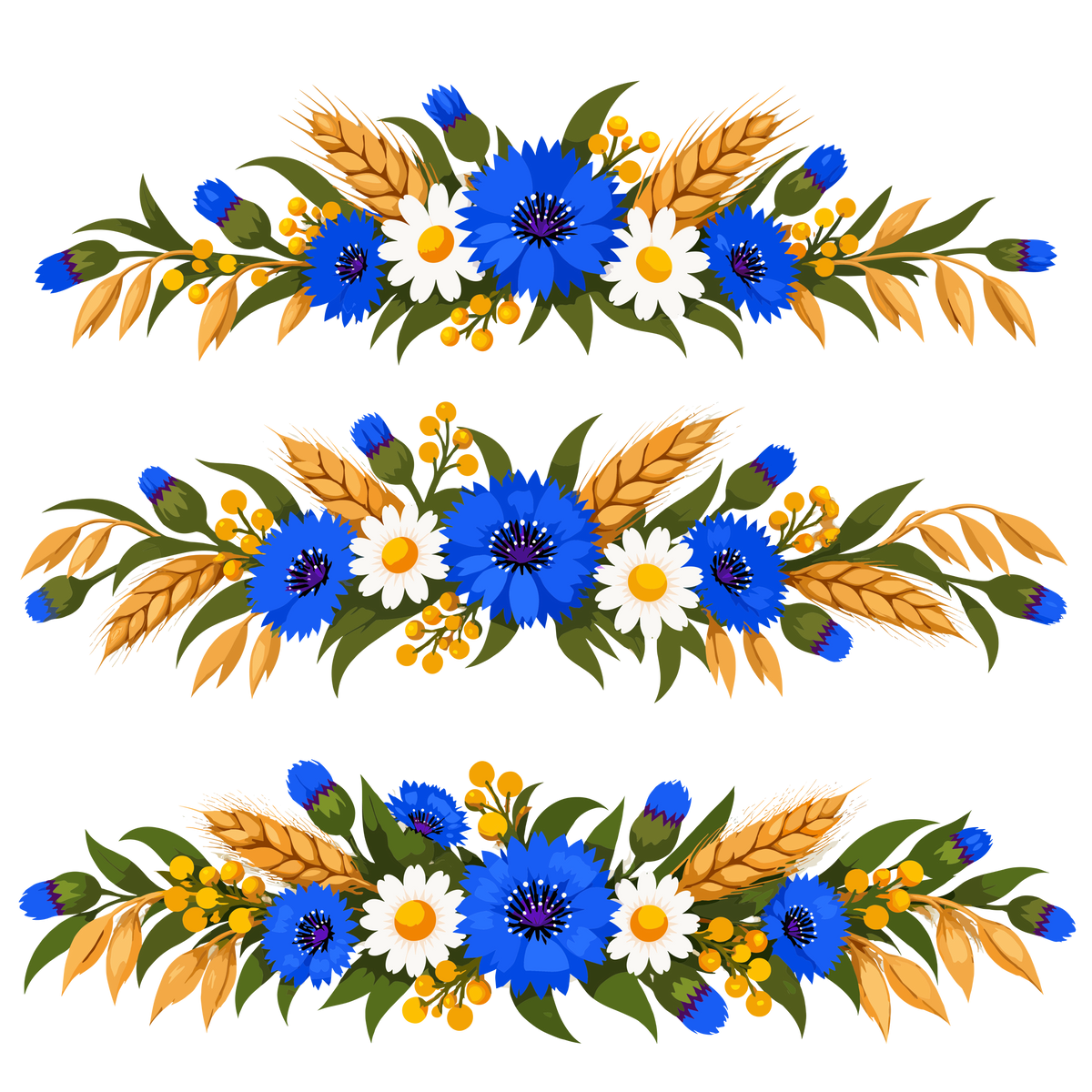 Rustic wheat and blue cornflower floral border set of 3