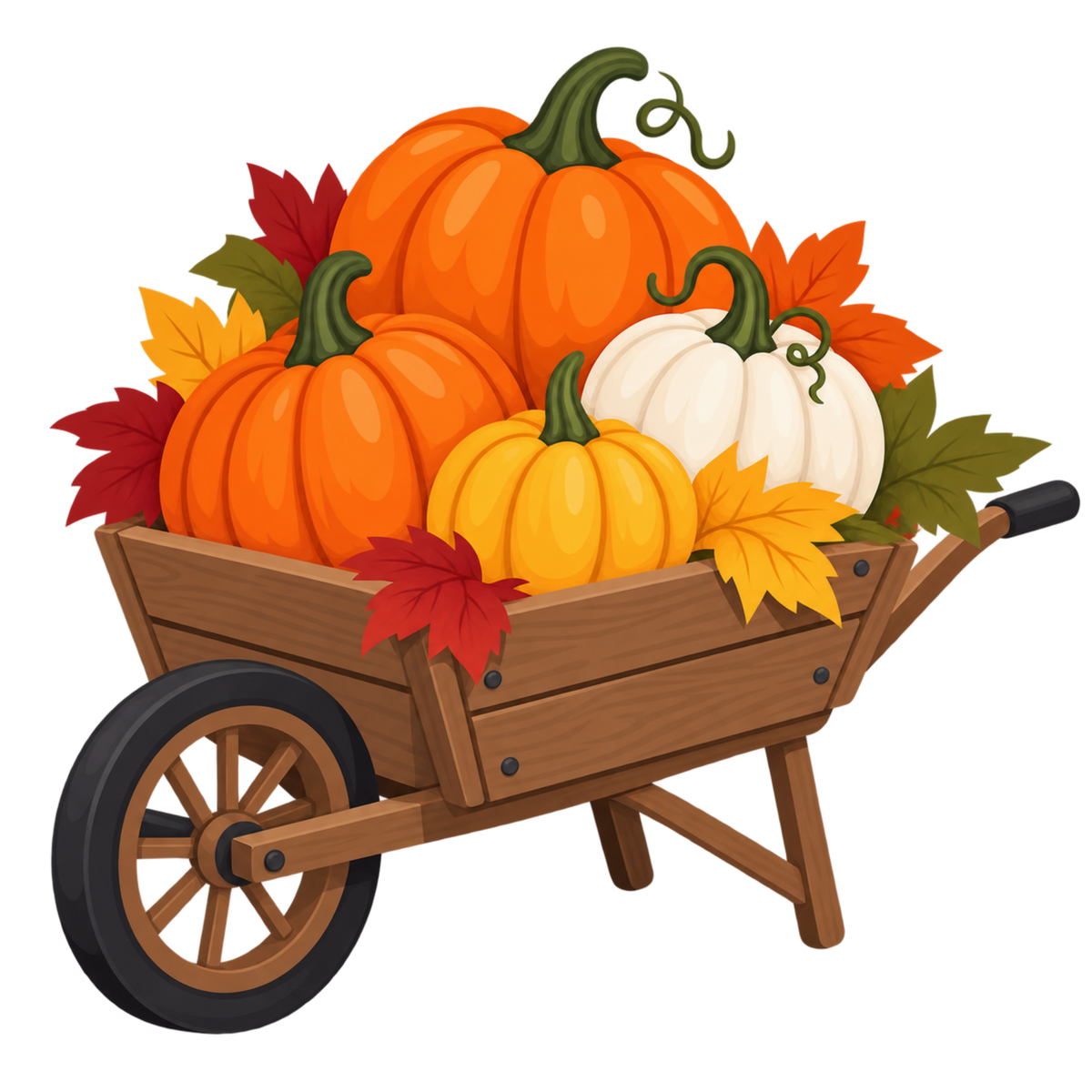 Decorative autumn pumpkin wheelbarrow with colorful pumpkins and fall leaves